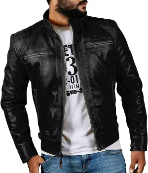 Real Lambskin Leather Biker Jacket - Quilted Cafe Racer Zip Up Moto Jackets Men Moto Jacket Men for Bikers