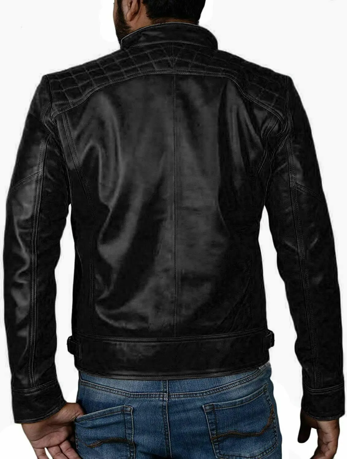 Real Lambskin Leather Biker Jacket - Quilted Cafe Racer Zip Up Moto Jackets Men Moto Jacket Men for Bikers