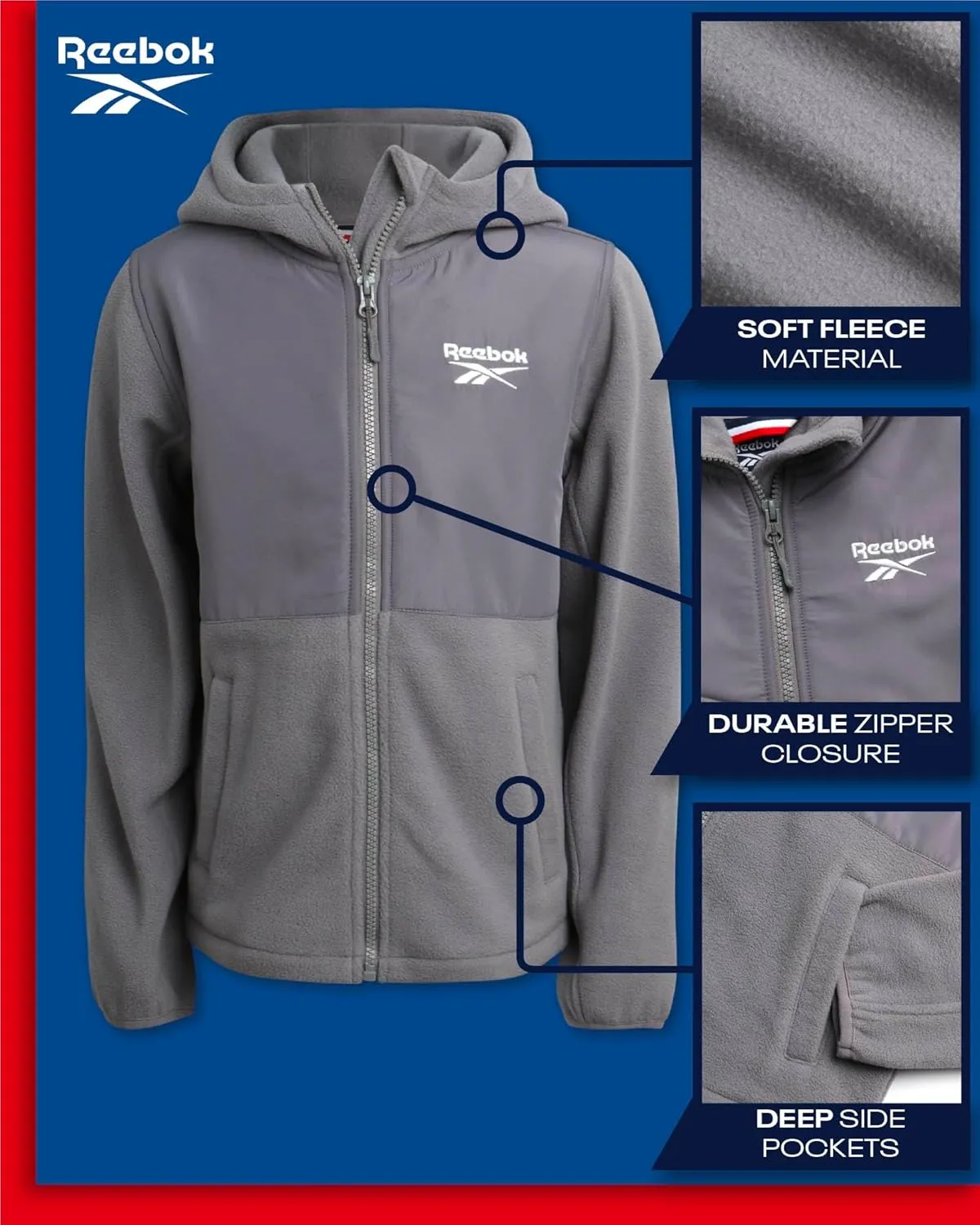 Reebok Girls' Fleece Jacket - Polar Fleece Hoodie Sweatshirt Jacket - Lightweight Coat for Girls (4-16)