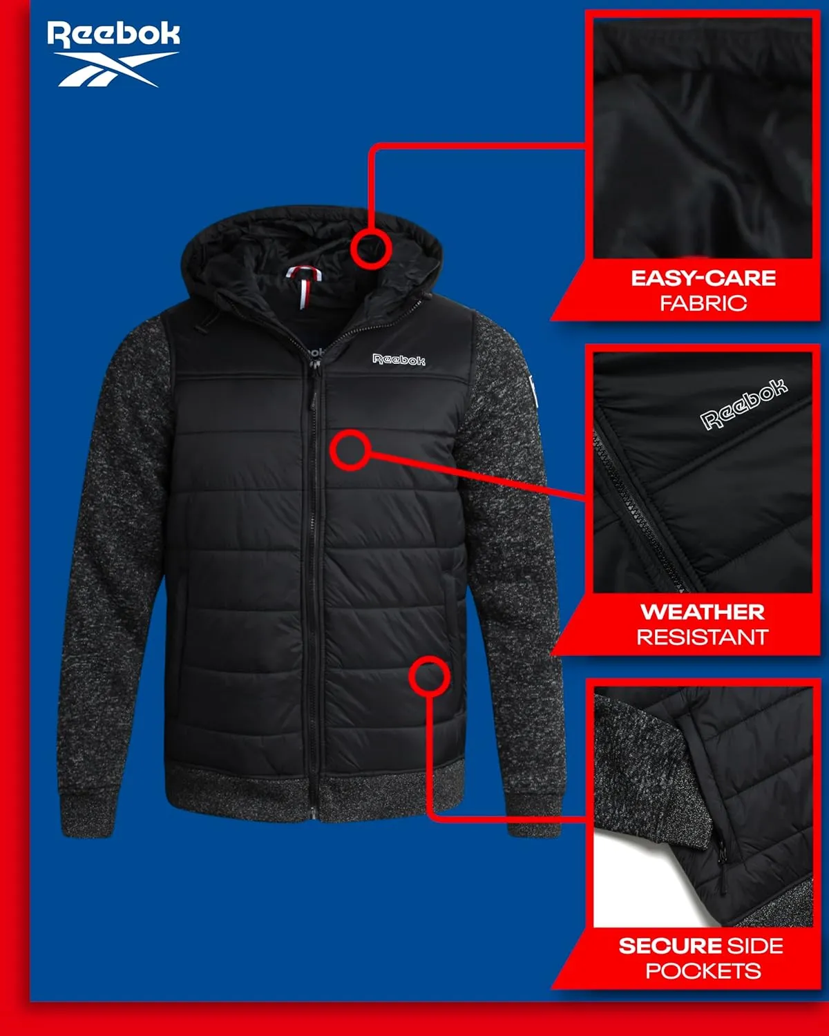 Reebok Men's Jacket - Warm Insulated Quilted Puffer Jacket with Sweater Fleece Sleeves - Hooded Outdoor Jacket for Men (M-XL)