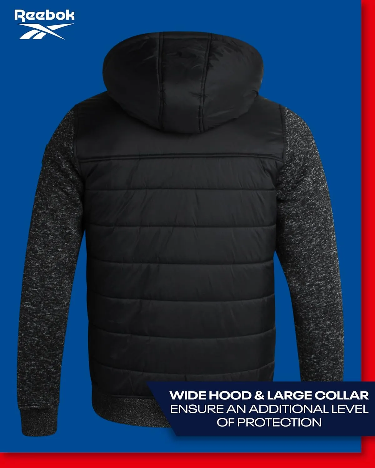 Reebok Men's Jacket - Warm Insulated Quilted Puffer Jacket with Sweater Fleece Sleeves - Hooded Outdoor Jacket for Men (M-XL)