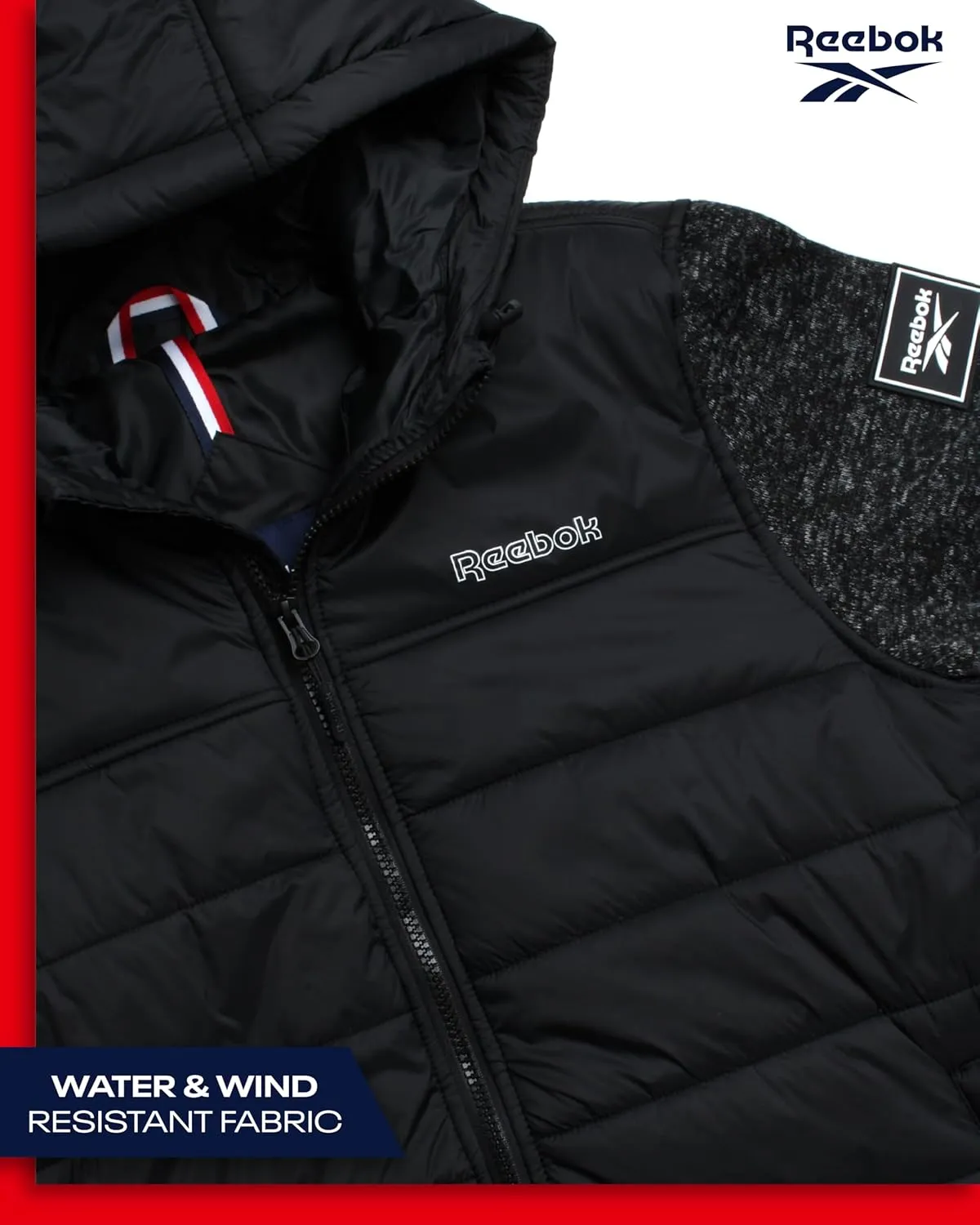 Reebok Men's Jacket - Warm Insulated Quilted Puffer Jacket with Sweater Fleece Sleeves - Hooded Outdoor Jacket for Men (M-XL)