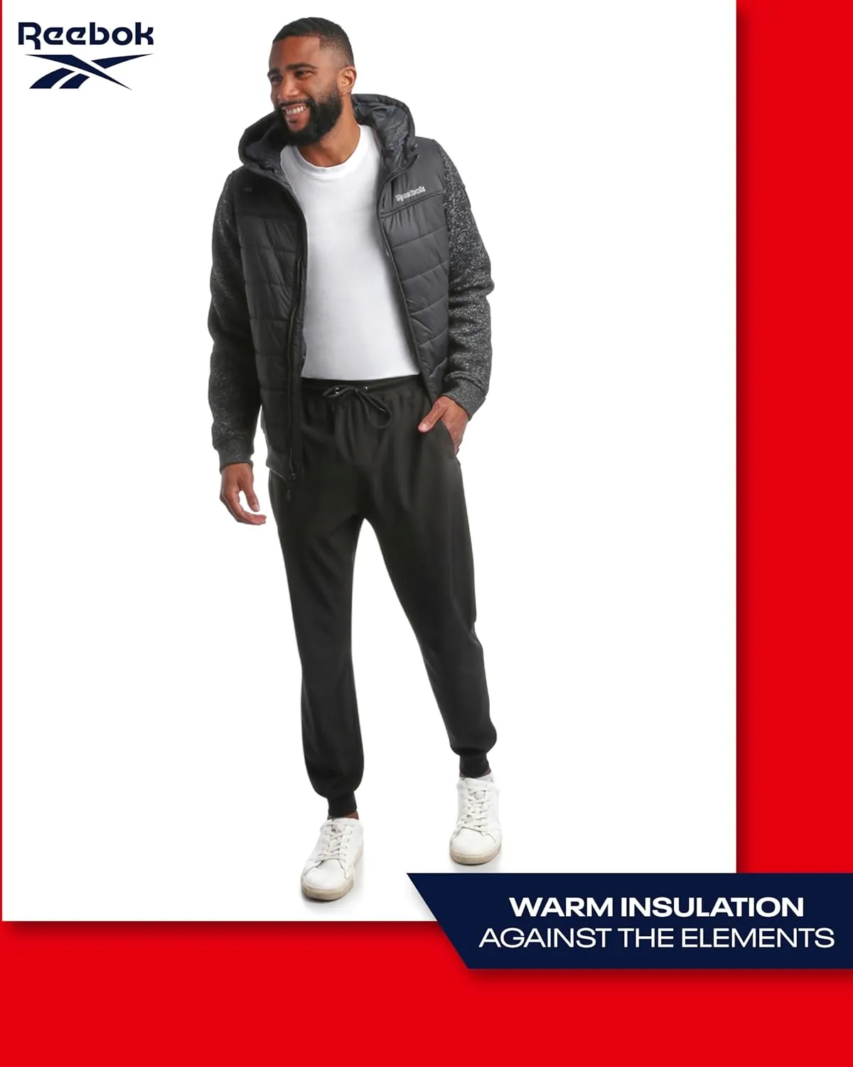 Reebok Men's Jacket - Warm Insulated Quilted Puffer Jacket with Sweater Fleece Sleeves - Hooded Outdoor Jacket for Men (M-XL)