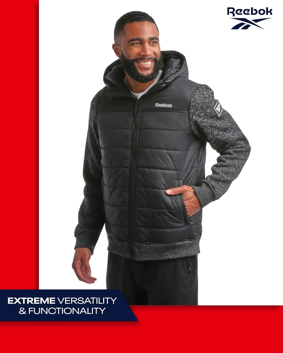 Reebok Men's Jacket - Warm Insulated Quilted Puffer Jacket with Sweater Fleece Sleeves - Hooded Outdoor Jacket for Men (M-XL)