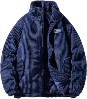 REHJJDFD Men's Winter Corduroy Parka Jacket Cotton Padded Parkas Vintage Stand Collar Windbreaker Coat