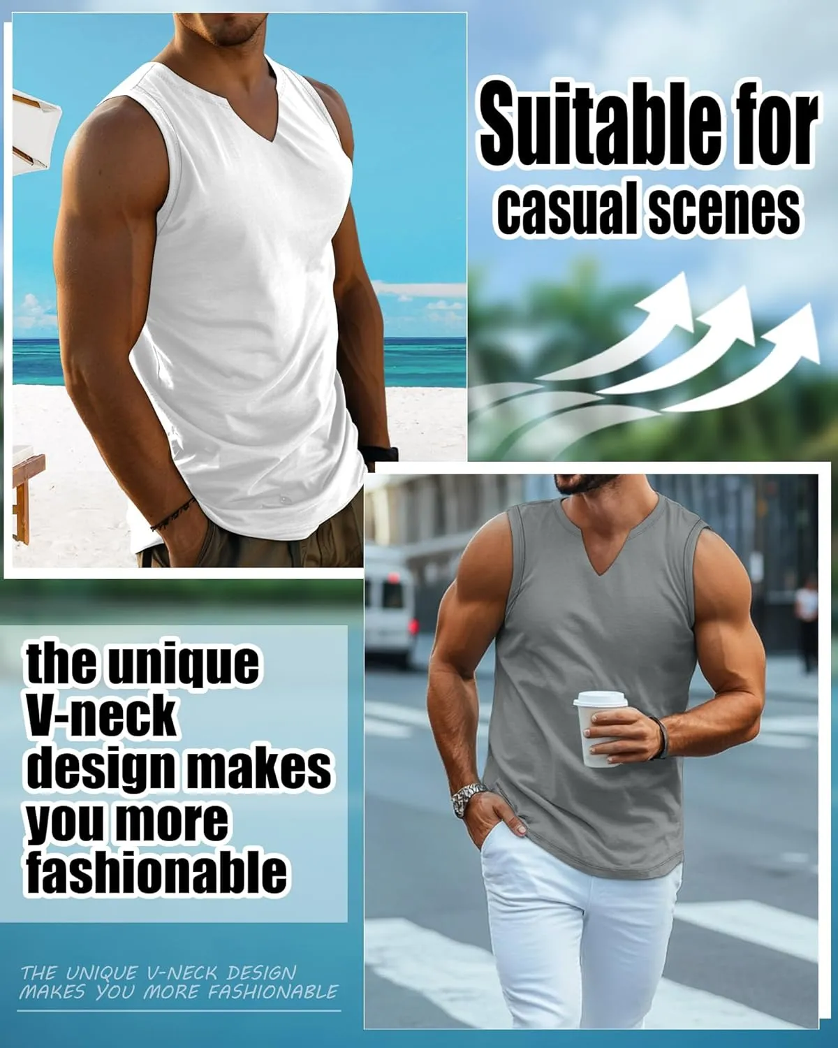 Riyiper 3 Pack Men's Sleeveless Tank Tops, V Neck Longline Henley T Shirts Casual Cotton Muscle Shirts Stretch Athletic Tee