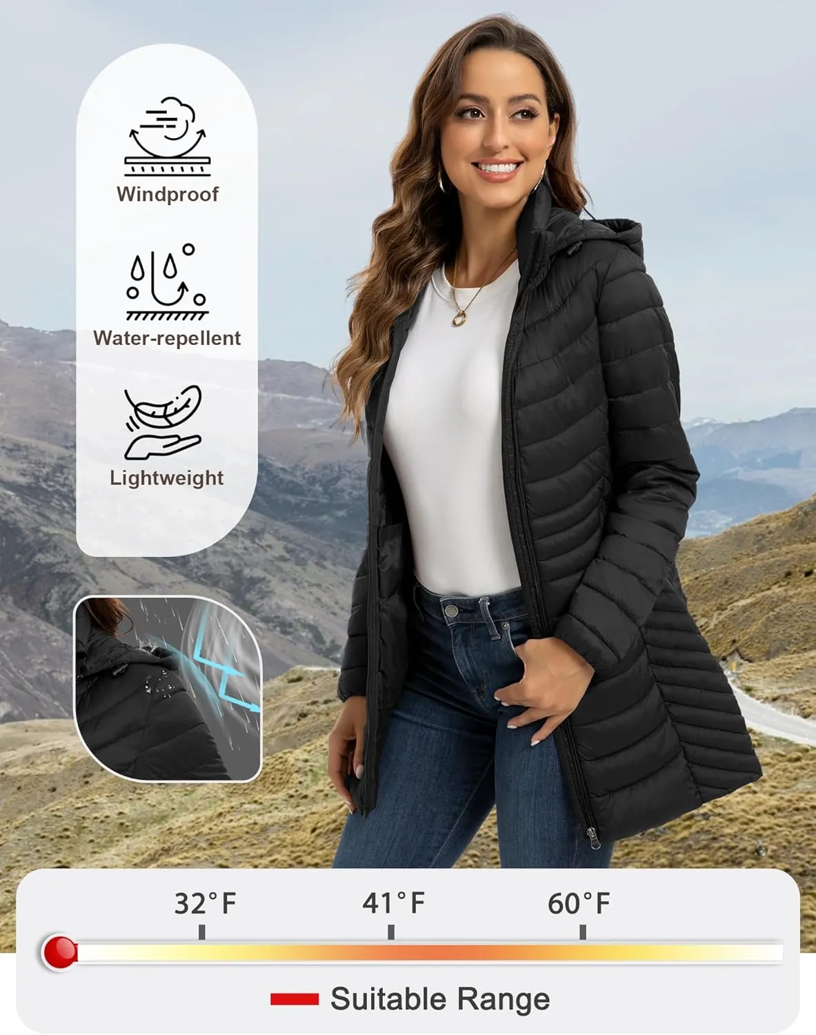 ROYAL MATRIX Packable Puffer Jacket for Women Hooded Lightweight Quilted Travel Long Puffer Coat with Pockets