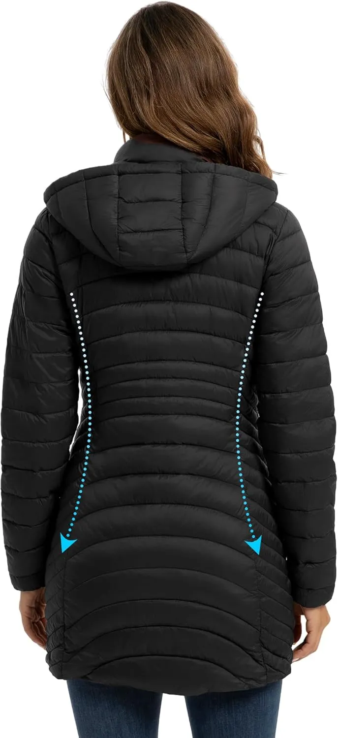 ROYAL MATRIX Packable Puffer Jacket for Women Hooded Lightweight Quilted Travel Long Puffer Coat with Pockets