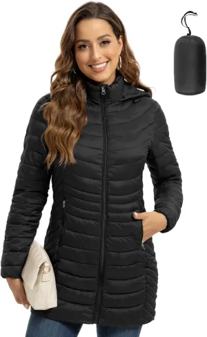 ROYAL MATRIX Packable Puffer Jacket for Women Hooded Lightweight Quilted Travel Long Puffer Coat with Pockets
