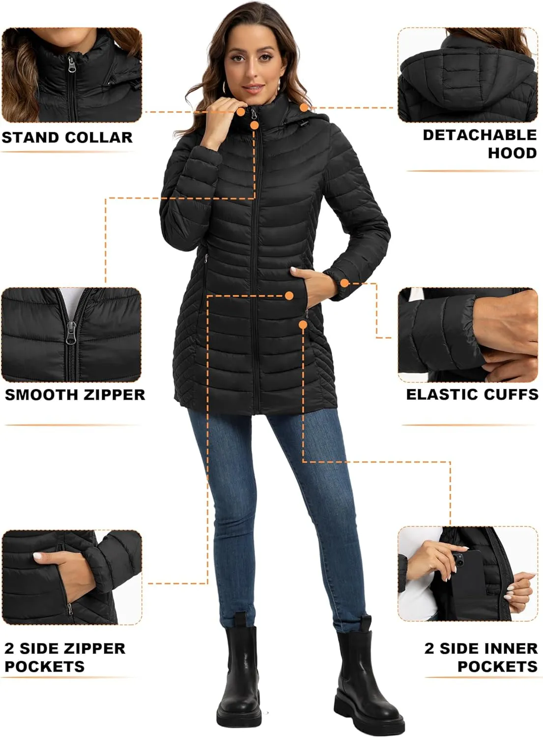 ROYAL MATRIX Packable Puffer Jacket for Women Hooded Lightweight Quilted Travel Long Puffer Coat with Pockets