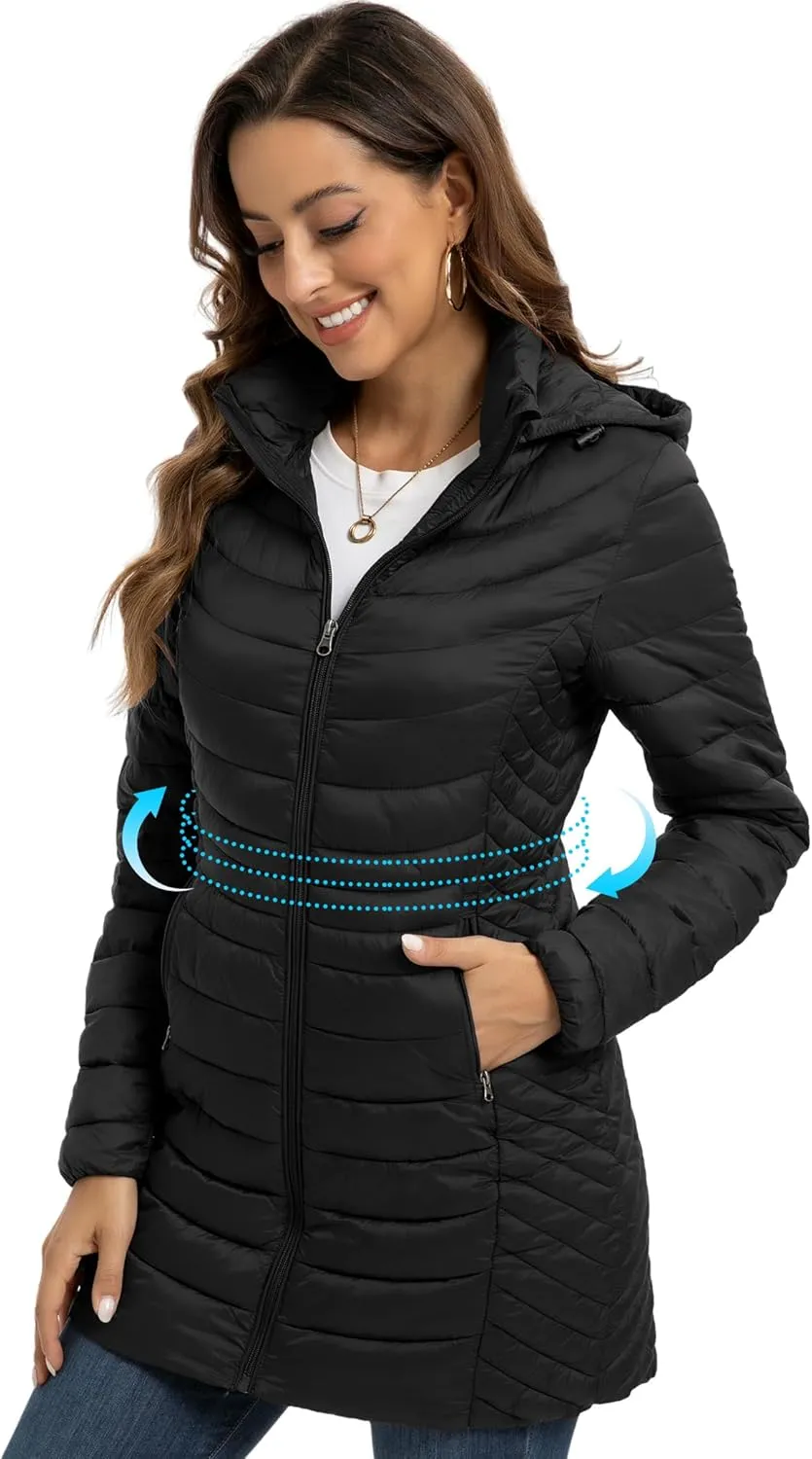 ROYAL MATRIX Packable Puffer Jacket for Women Hooded Lightweight Quilted Travel Long Puffer Coat with Pockets