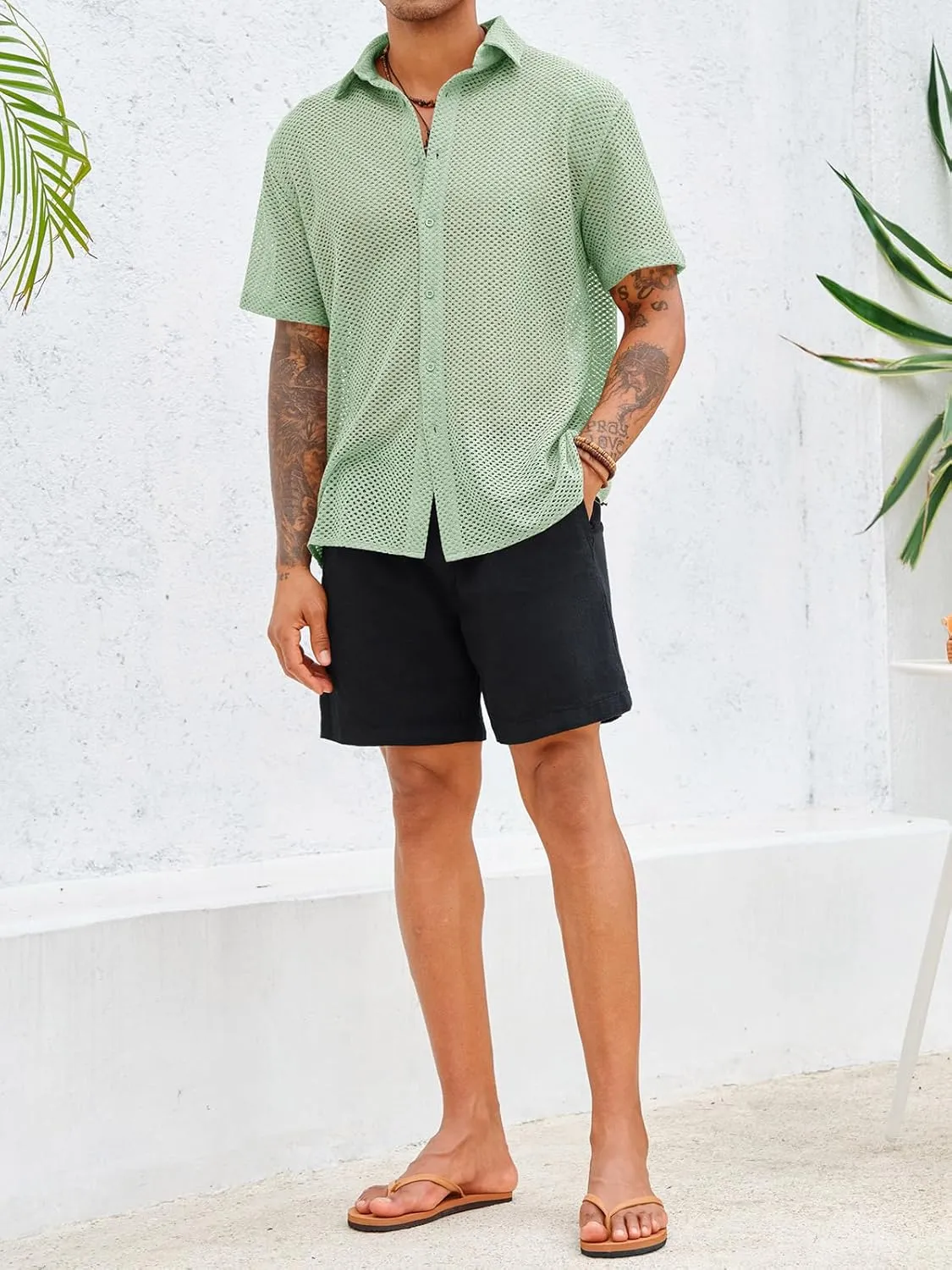 Runcati Mens Button Down Shirt Knit Crochet Hollow Out Short Sleeve Sweater Casual Summer Tops