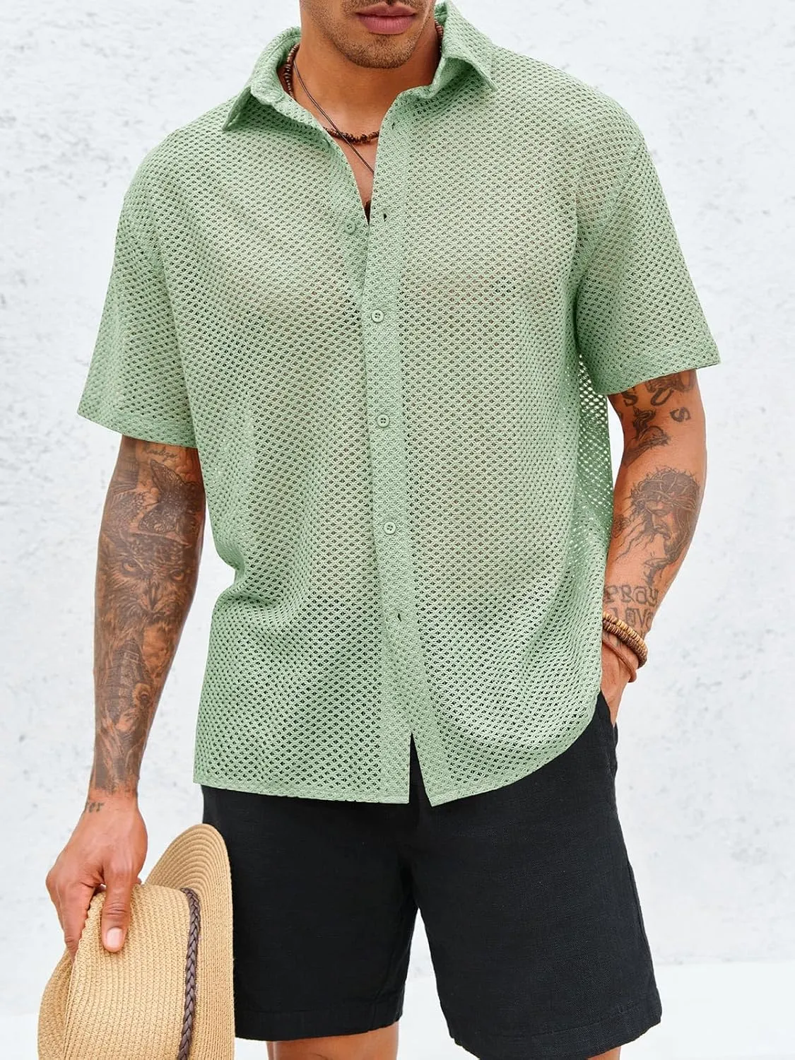 Runcati Mens Button Down Shirt Knit Crochet Hollow Out Short Sleeve Sweater Casual Summer Tops