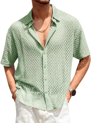 Runcati Mens Button Down Shirt Knit Crochet Hollow Out Short Sleeve Sweater Casual Summer Tops