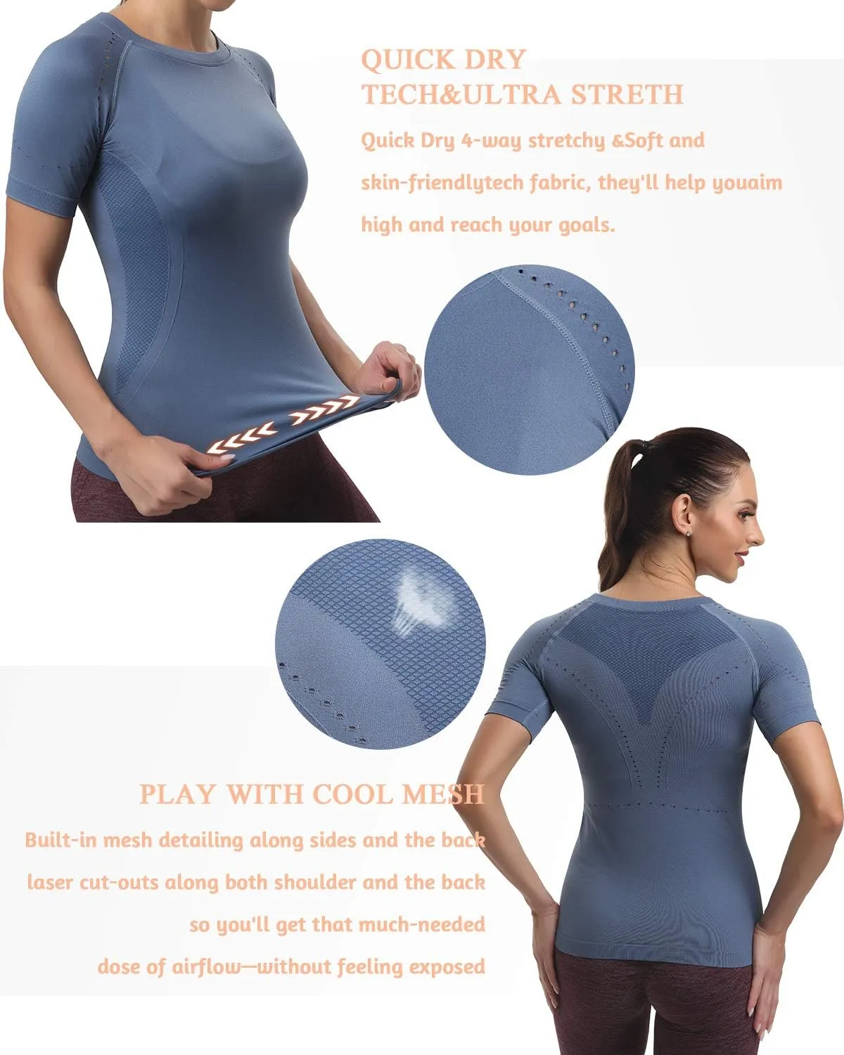 RUNNING GIRL Seamless Workout Shirts for WomenShort Sleeve T-Shirt Stretch Tees Quick Dry Gym Athletic Tops
