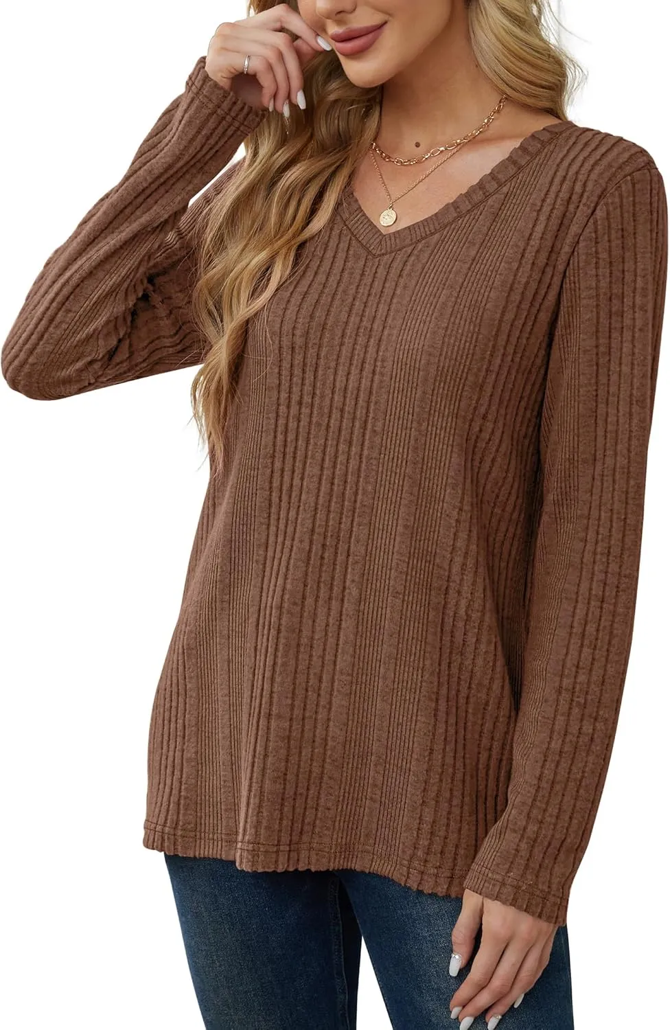 Saloogoe Womens Long Sleeve Tops V Neck Shirts Lightweight Tunic Sweaters Fashion 2024