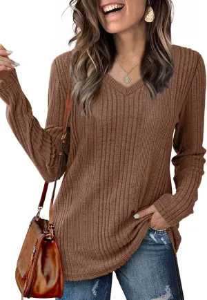 Saloogoe Womens Long Sleeve Tops V Neck Shirts Lightweight Tunic Sweaters Fashion 2024