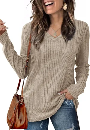 Saloogoe Womens Long Sleeve Tops V Neck Shirts Lightweight Tunic Sweaters Fashion 2024