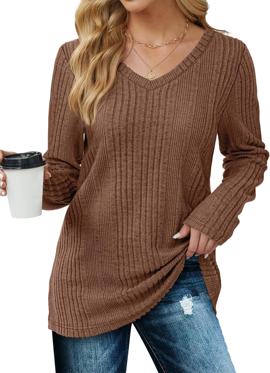 Saloogoe Womens Long Sleeve Tops V Neck Shirts Lightweight Tunic Sweaters Fashion 2024