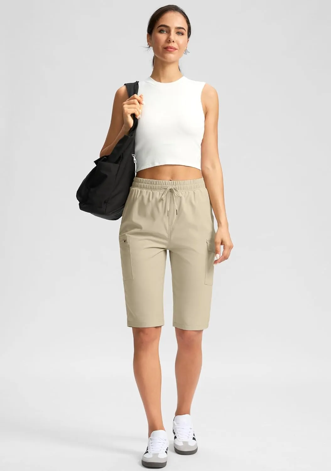 SANTINY Women's 13" Long Hiking Shorts Knee Length Quick Dry Cargo Bermuda Shorts for Women with Zipper Pockets