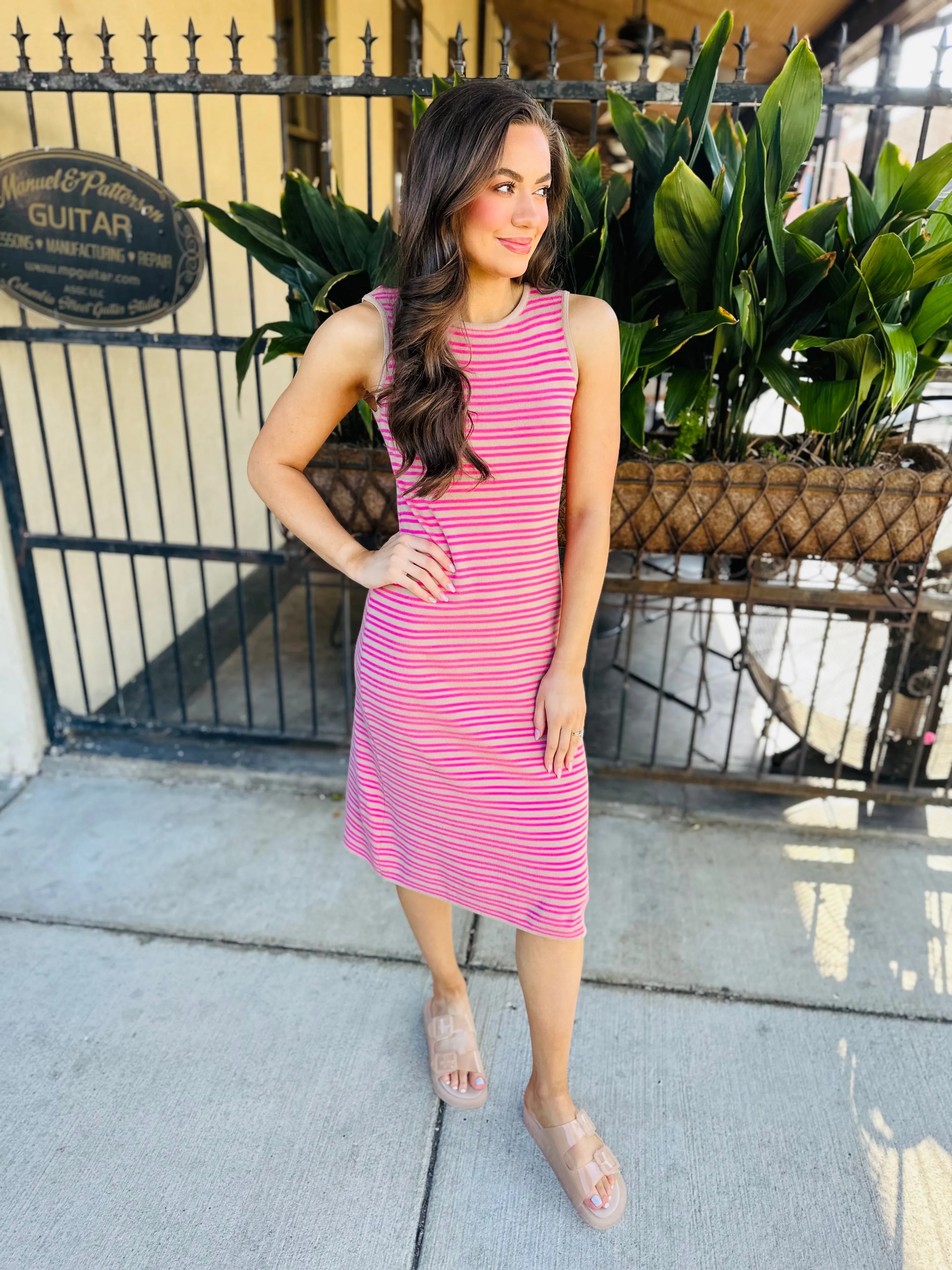 Schuler Stiped Midi Dress- Mocha/Pink