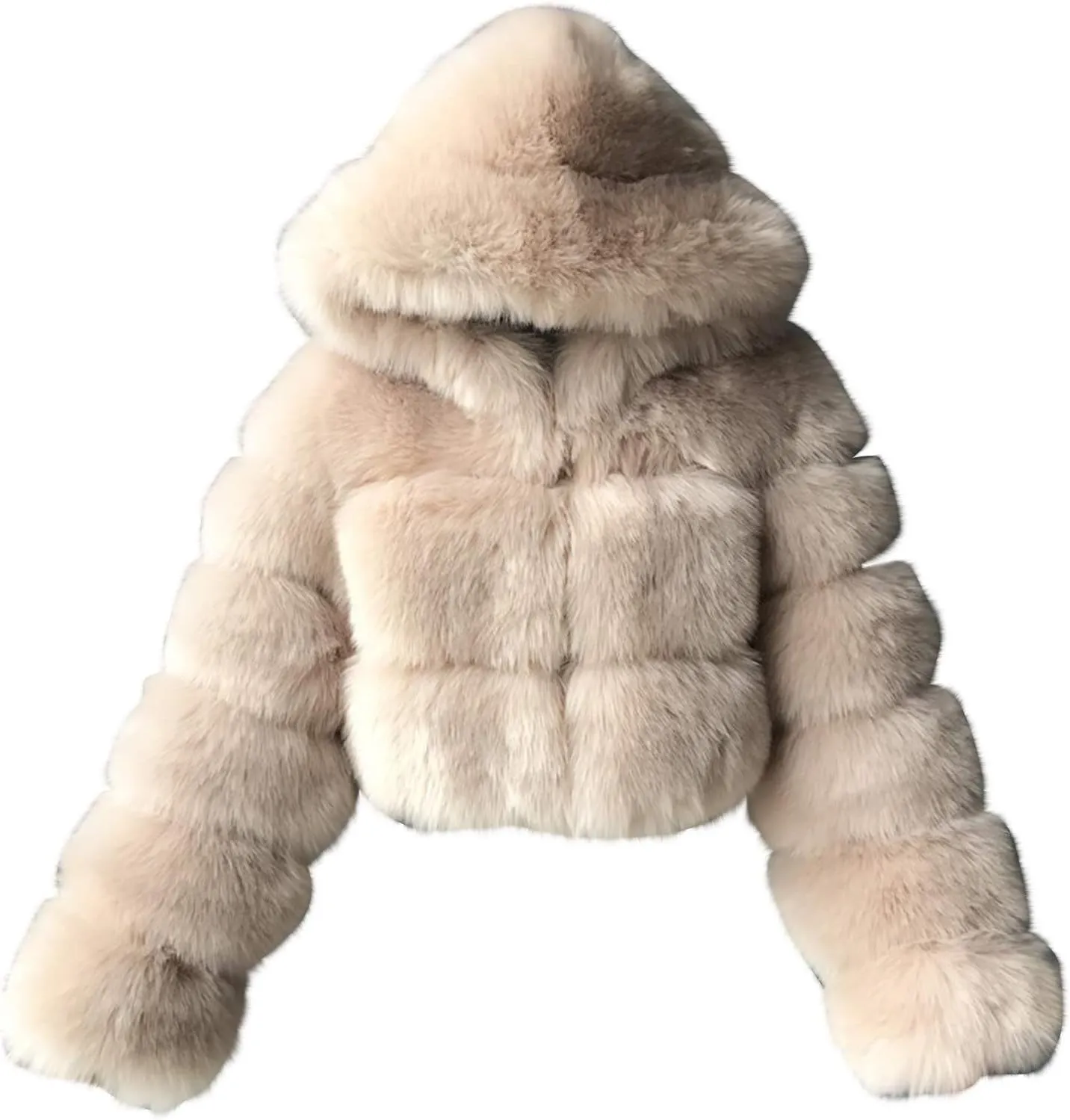 SEAOPEN Faux Fur Coats for Women Crop Hooded Warm Jackets Fashion Splicing Long Sleeve Jacket Winter Shaggy Outerwears