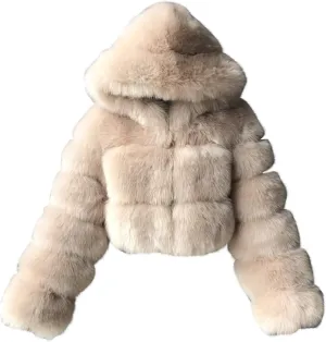 SEAOPEN Faux Fur Coats for Women Crop Hooded Warm Jackets Fashion Splicing Long Sleeve Jacket Winter Shaggy Outerwears