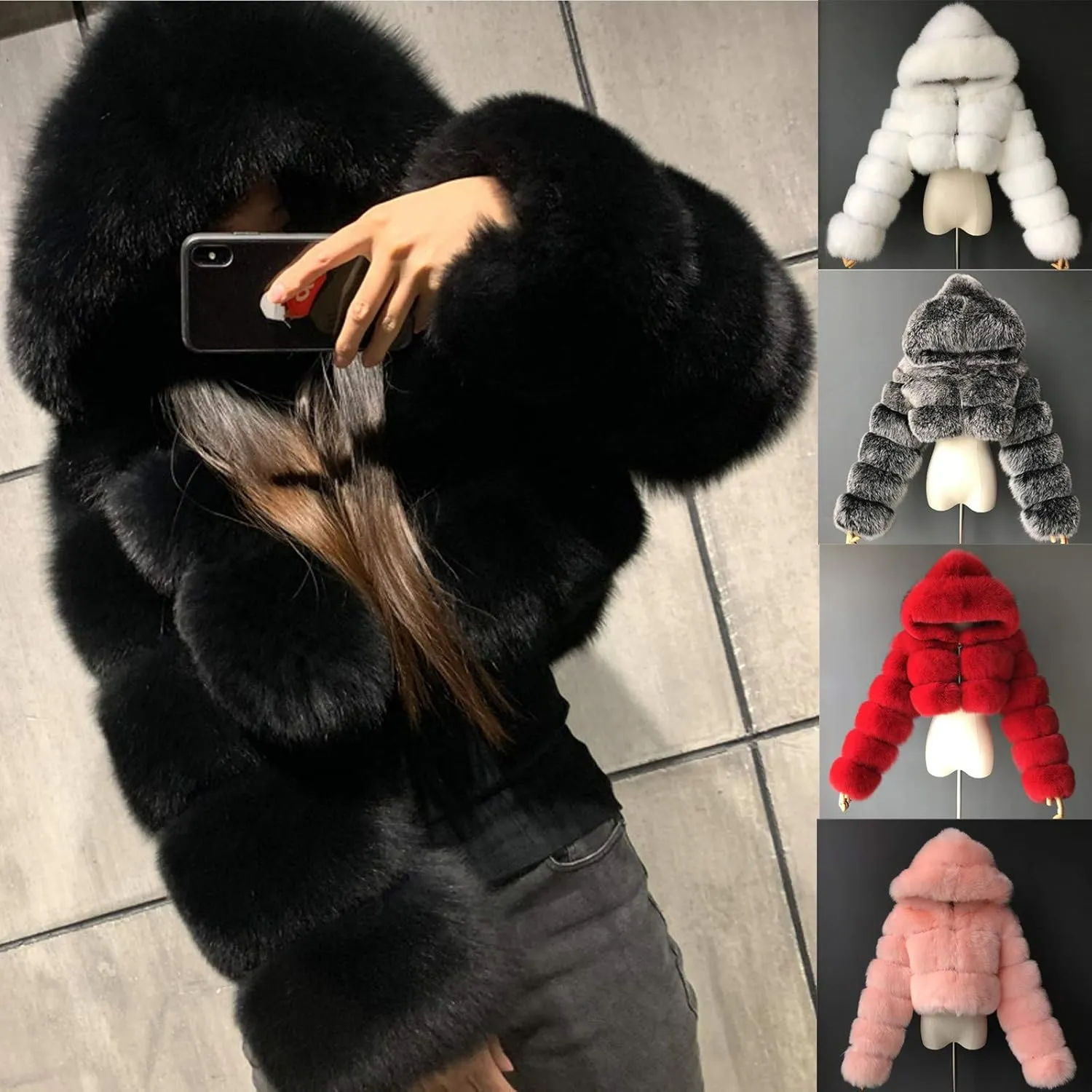 SEAOPEN Faux Fur Coats for Women Crop Hooded Warm Jackets Fashion Splicing Long Sleeve Jacket Winter Shaggy Outerwears