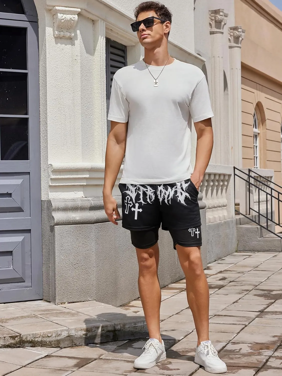 SHENHE Men's Graphic Shorts with Liner Cross Print Drawstring 2 in 1 Goth Gym Track Bottoms