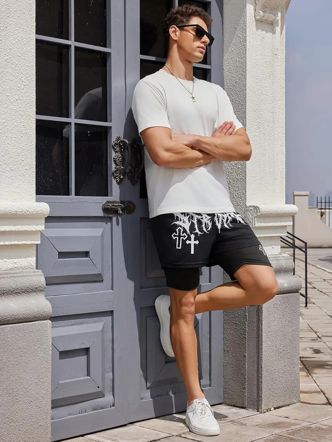 SHENHE Men's Graphic Shorts with Liner Cross Print Drawstring 2 in 1 Goth Gym Track Bottoms