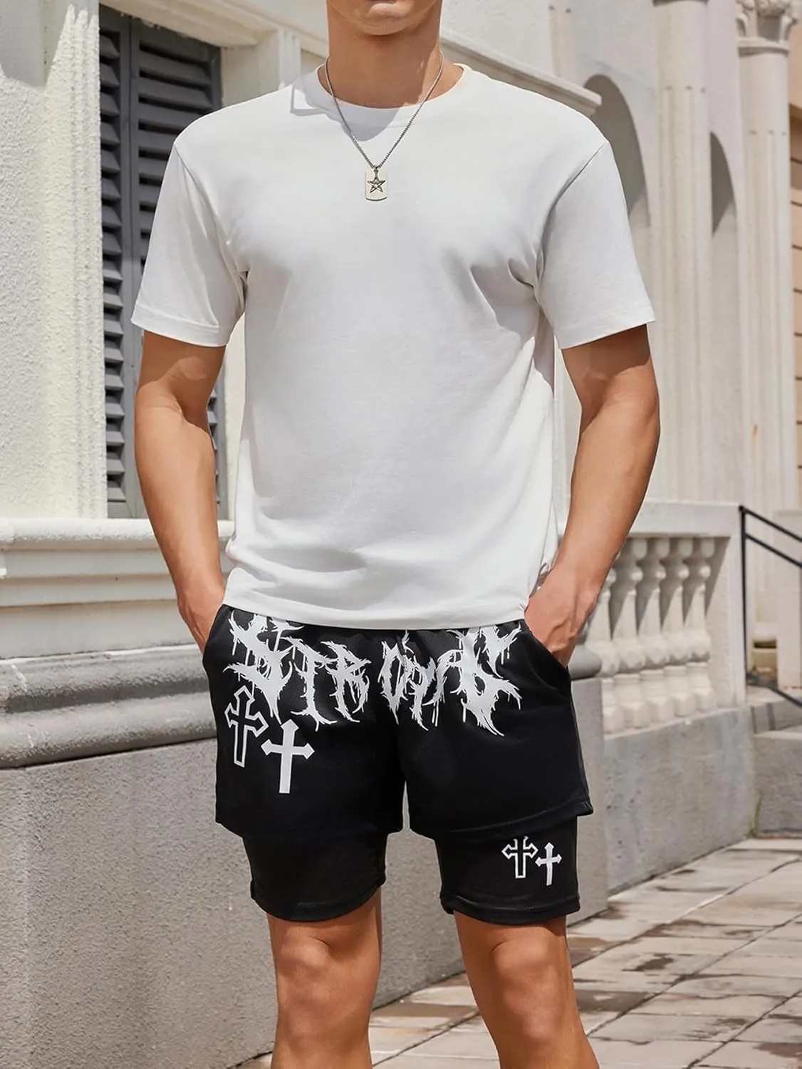 SHENHE Men's Graphic Shorts with Liner Cross Print Drawstring 2 in 1 Goth Gym Track Bottoms