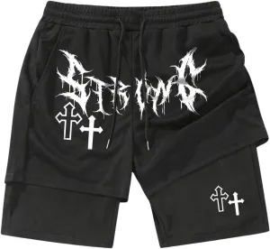 SHENHE Men's Graphic Shorts with Liner Cross Print Drawstring 2 in 1 Goth Gym Track Bottoms
