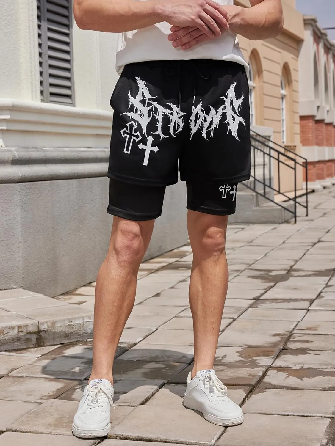 SHENHE Men's Graphic Shorts with Liner Cross Print Drawstring 2 in 1 Goth Gym Track Bottoms