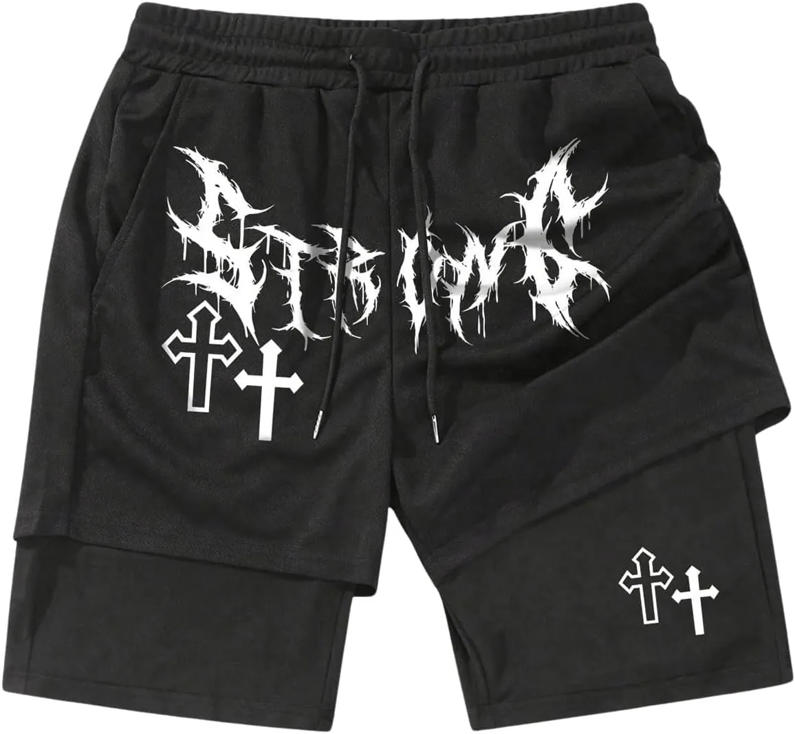 SHENHE Men's Graphic Shorts with Liner Cross Print Drawstring 2 in 1 Goth Gym Track Bottoms