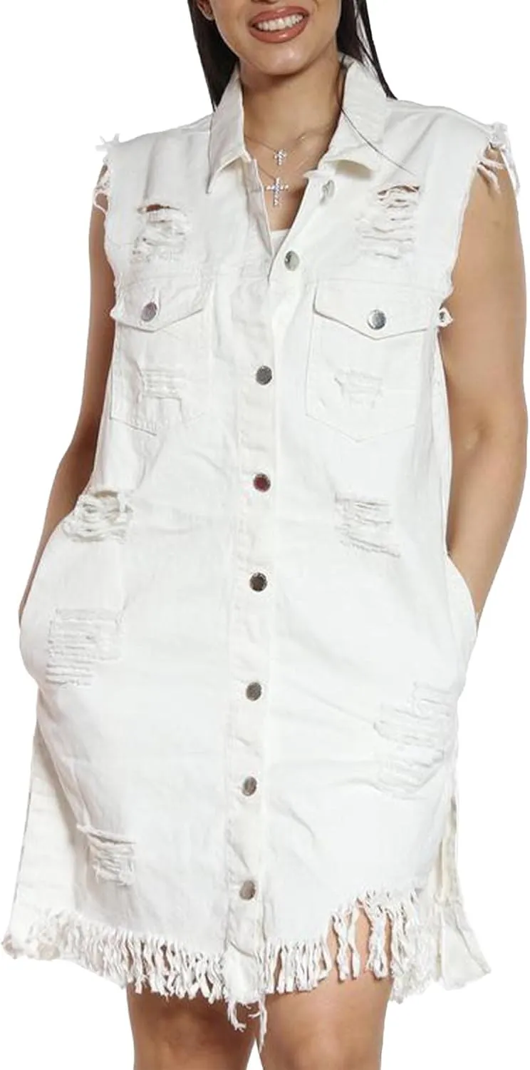 SOMTHRON Women's Distressed Ripped Sleeveless Mid Long Denim Jacket Button Up Jean Vest Cardigan Coats Waistcoat