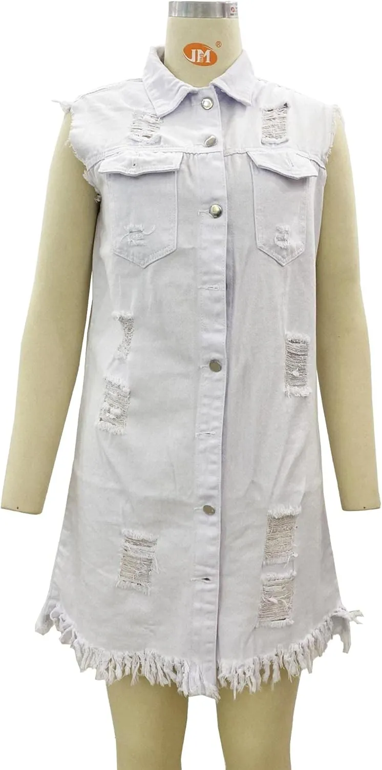 SOMTHRON Women's Distressed Ripped Sleeveless Mid Long Denim Jacket Button Up Jean Vest Cardigan Coats Waistcoat