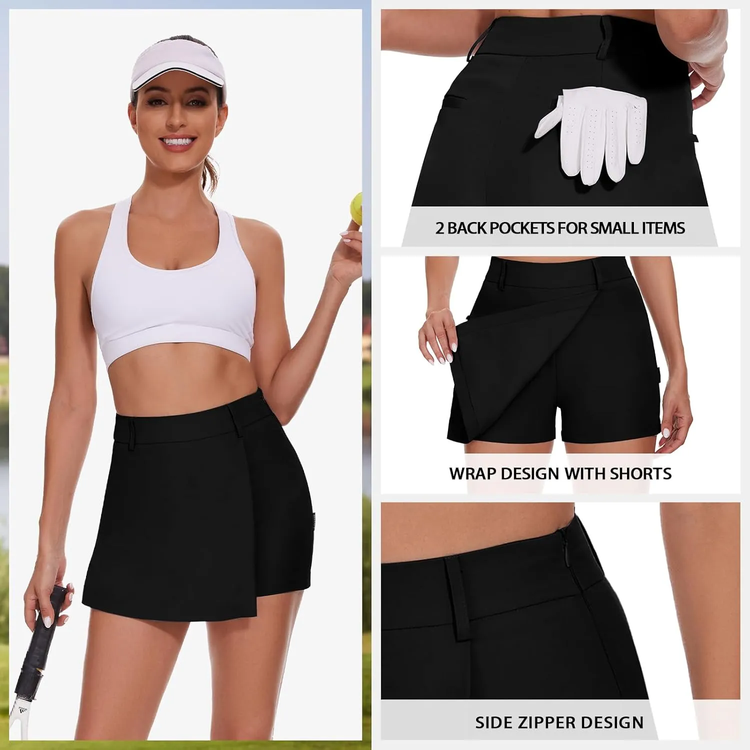 Soneven Women's Golf Skorts Skirts 15'' High Waisted Golf Shorts Athletic Tennis Skirt Built-in Shorts with Pockets