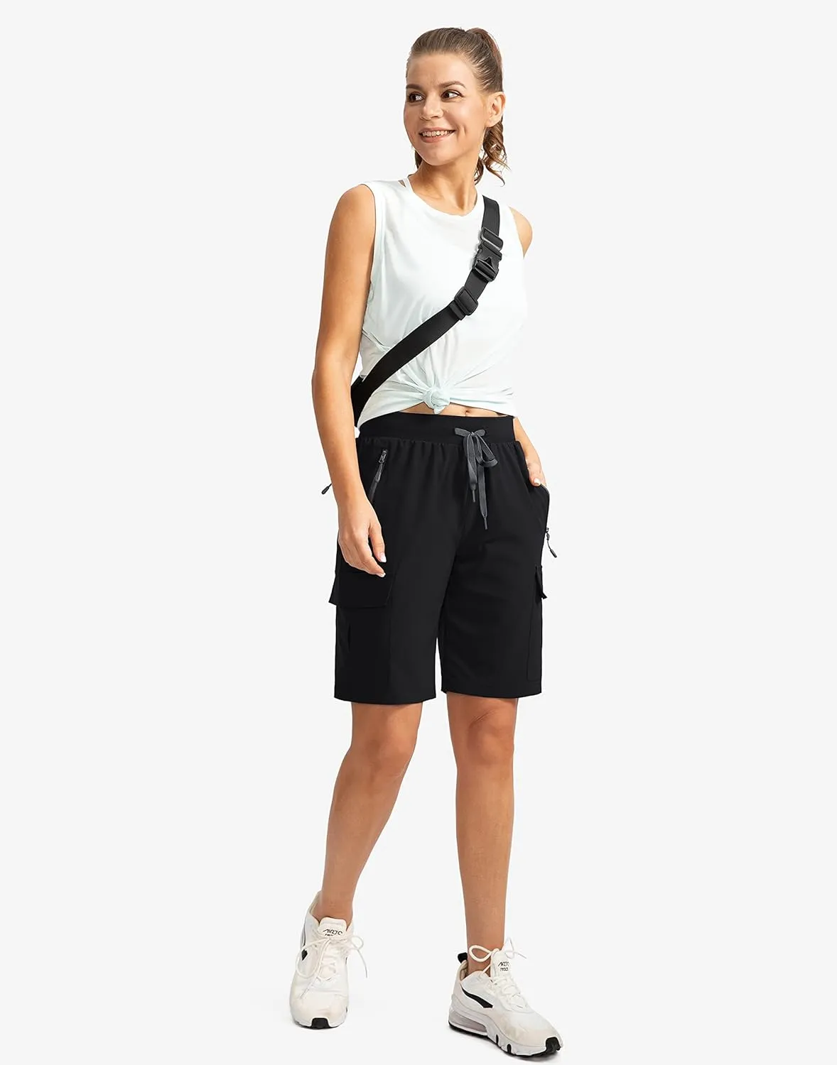 Soothfeel Women's 9" Hiking Cargo Shorts with 5 Pockets Quick Dry Summer Athletic Golf Bermuda Long Shorts for Women Casual