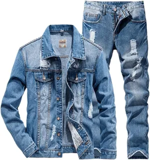Spring Men's Punk Style Casual Ripped Hole Long Sleeve Denim Jacket   Jeans 2 Piece Set Couple Denim Suit
