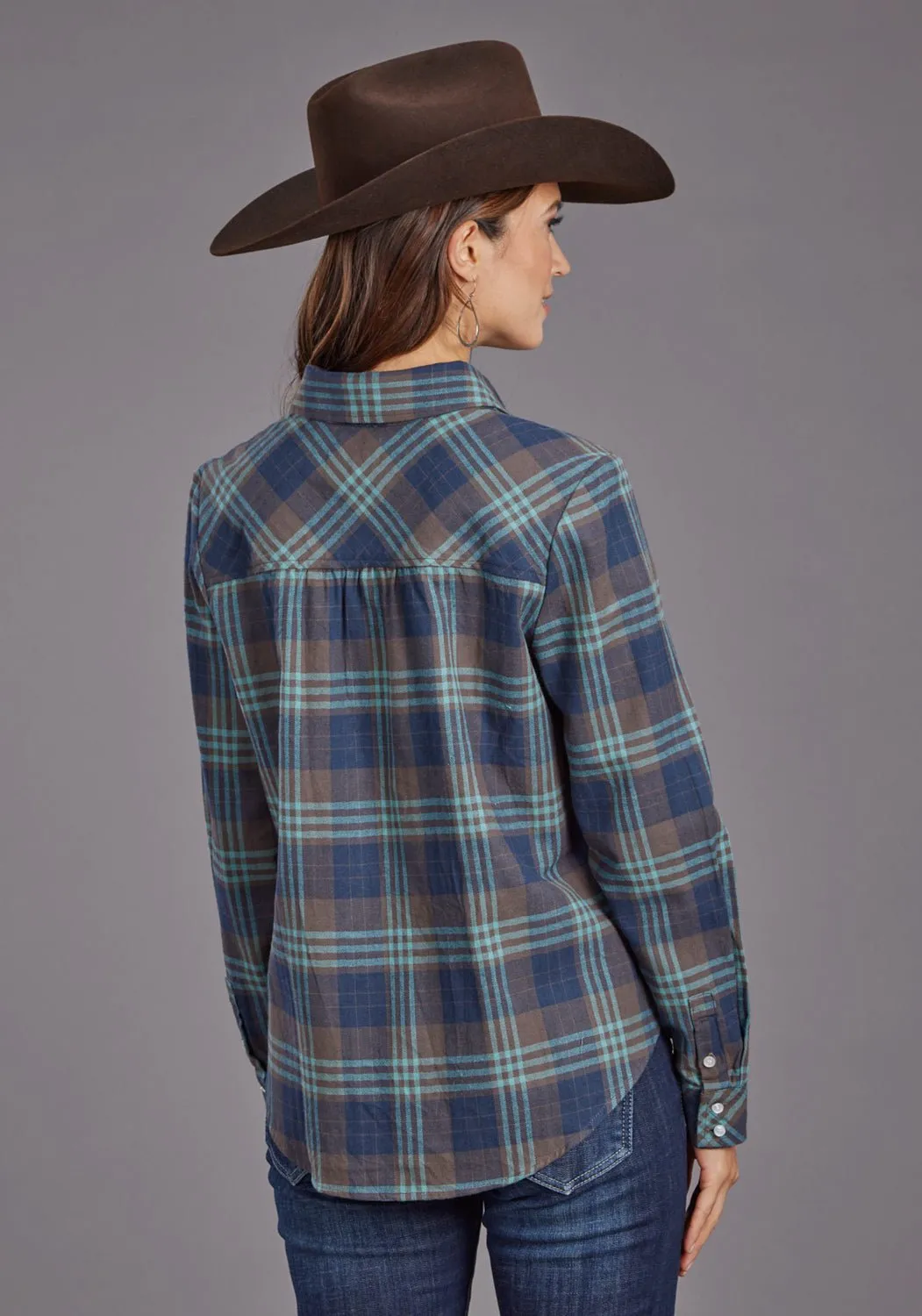 Stetson Womens Flannel Plaid Navy 100% Cotton L/S Shirt