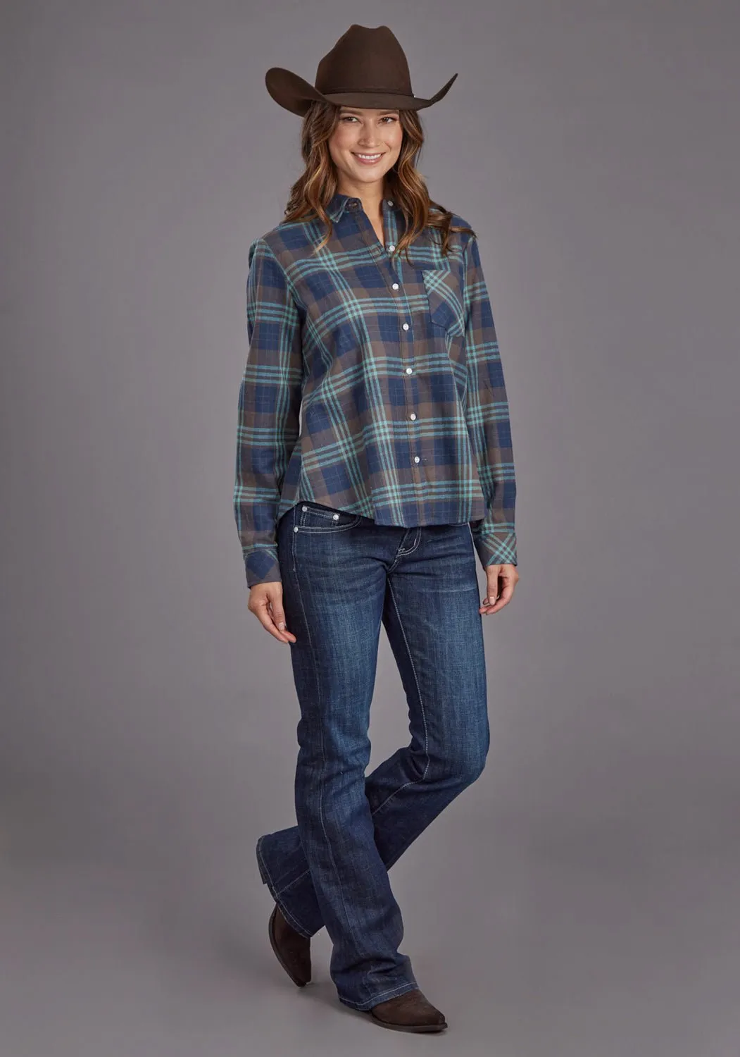 Stetson Womens Flannel Plaid Navy 100% Cotton L/S Shirt