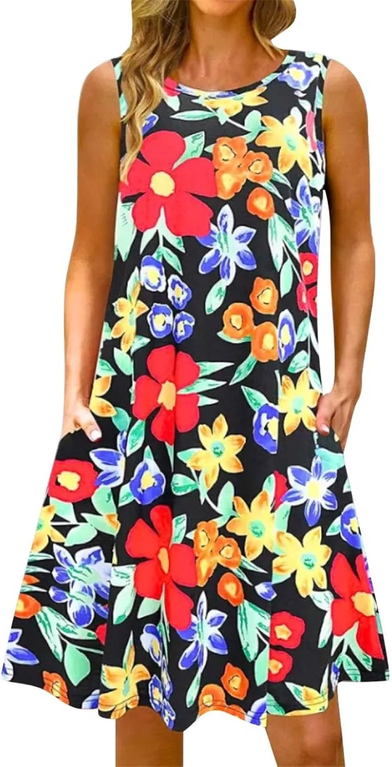Summer Dresses for Women Beach Boho Sleeveless Vintage Floral Flowy Pocket Tshirt Tank Sundresses Round Neck Swing Dress