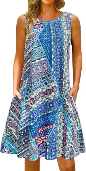 Summer Dresses for Women Beach Boho Sleeveless Vintage Floral Flowy Pocket Tshirt Tank Sundresses Round Neck Swing Dress
