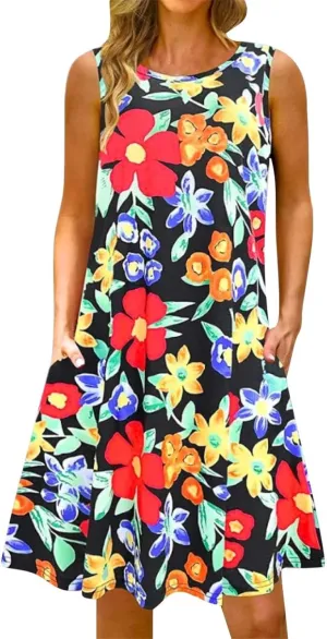 Summer Dresses for Women Beach Boho Sleeveless Vintage Floral Flowy Pocket Tshirt Tank Sundresses Round Neck Swing Dress