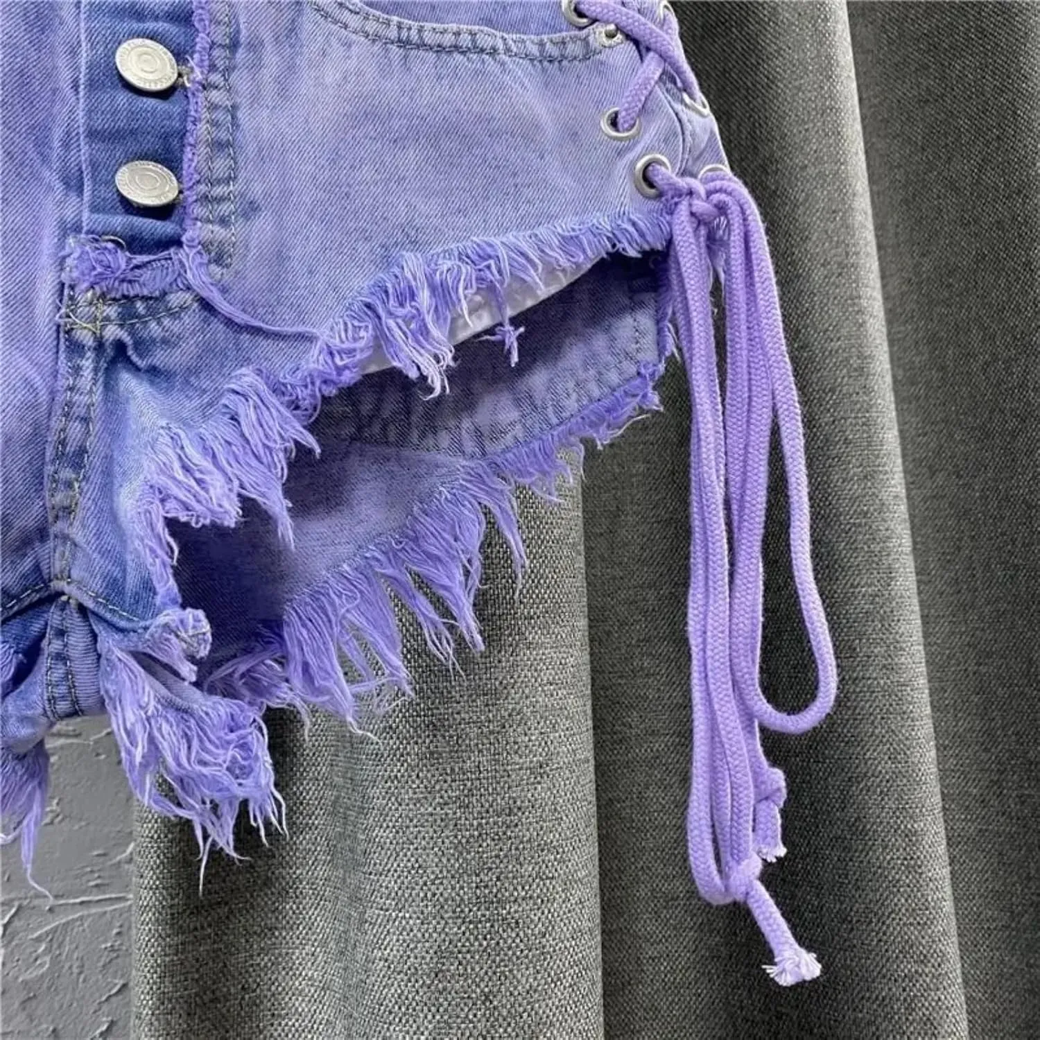 Summer Women's Purple Shorts Sexy Low Rise Single Breasted A-line Denim Shorts with Strap Hot Pants Female