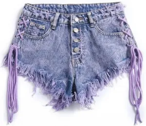 Summer Women's Purple Shorts Sexy Low Rise Single Breasted A-line Denim Shorts with Strap Hot Pants Female
