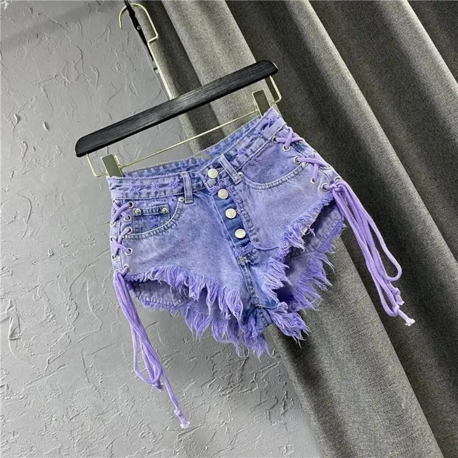 Summer Women's Purple Shorts Sexy Low Rise Single Breasted A-line Denim Shorts with Strap Hot Pants Female