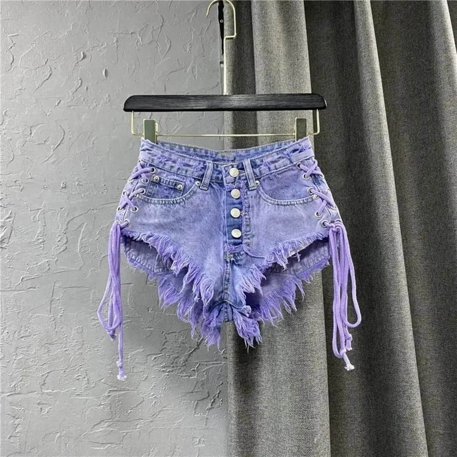 Summer Women's Purple Shorts Sexy Low Rise Single Breasted A-line Denim Shorts with Strap Hot Pants Female