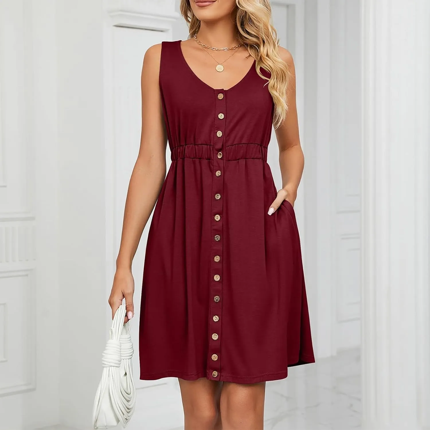 Sundresses for Women 2024,Women Summer Dresses Sleeveless Casual Swing Button Down Midi Dress with Pockets
