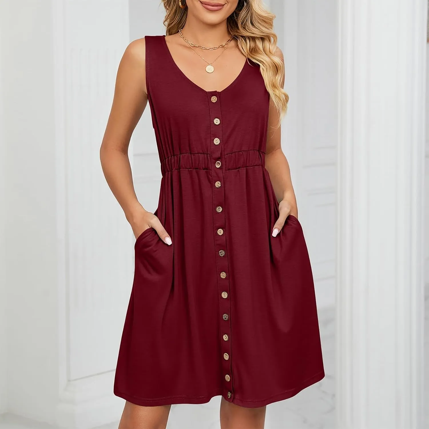 Sundresses for Women 2024,Women Summer Dresses Sleeveless Casual Swing Button Down Midi Dress with Pockets